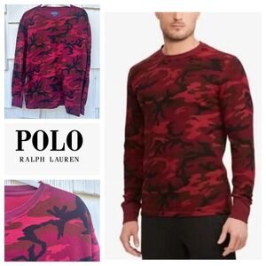Polo Ralph Lauren Men's L/G Burgundy Red Camo Waffle Knit Long Sleeve Shirt‎